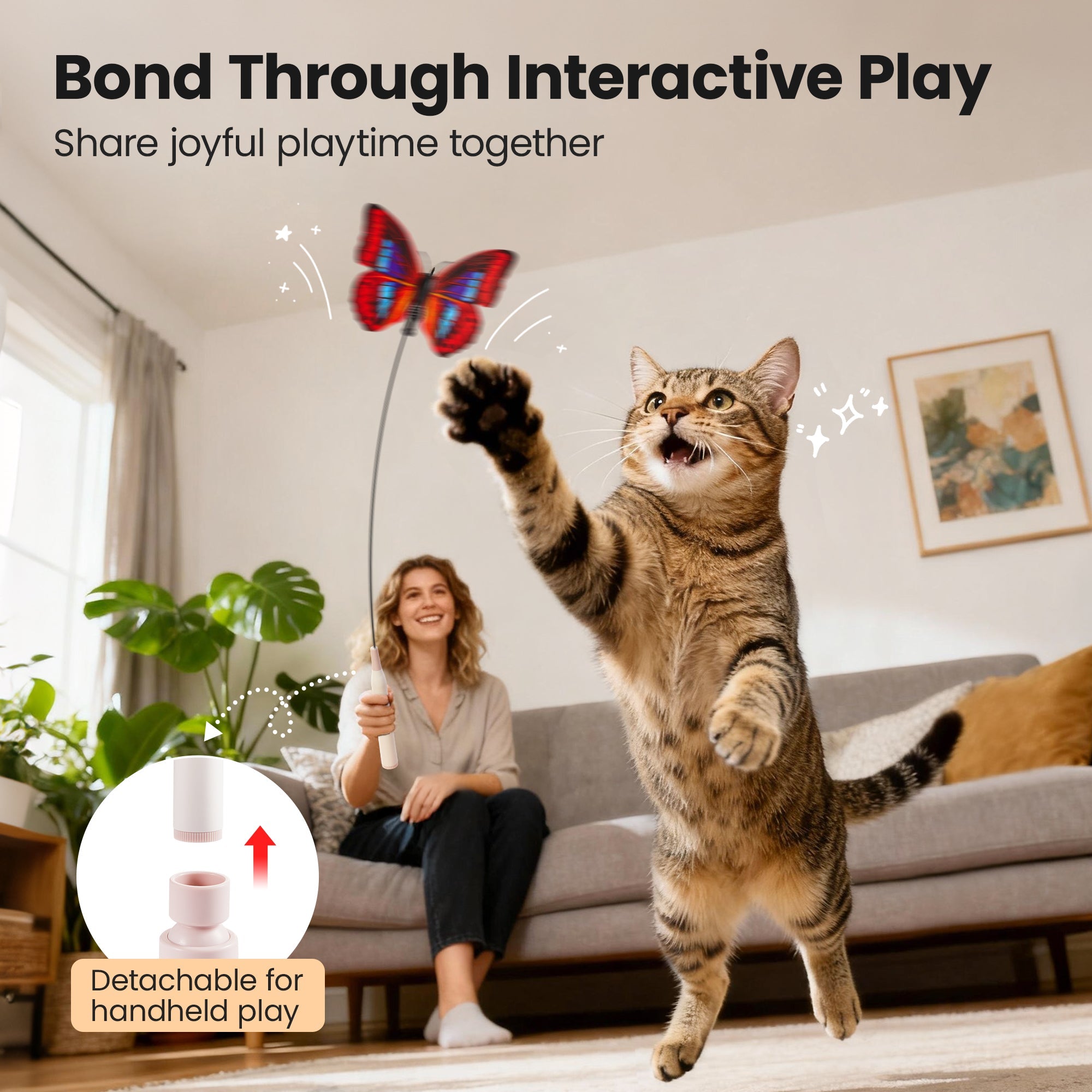 Potaroma Spinning Butterfly Cat Toy Wand – Electric Interactive Cat Teaser with Suction Cup