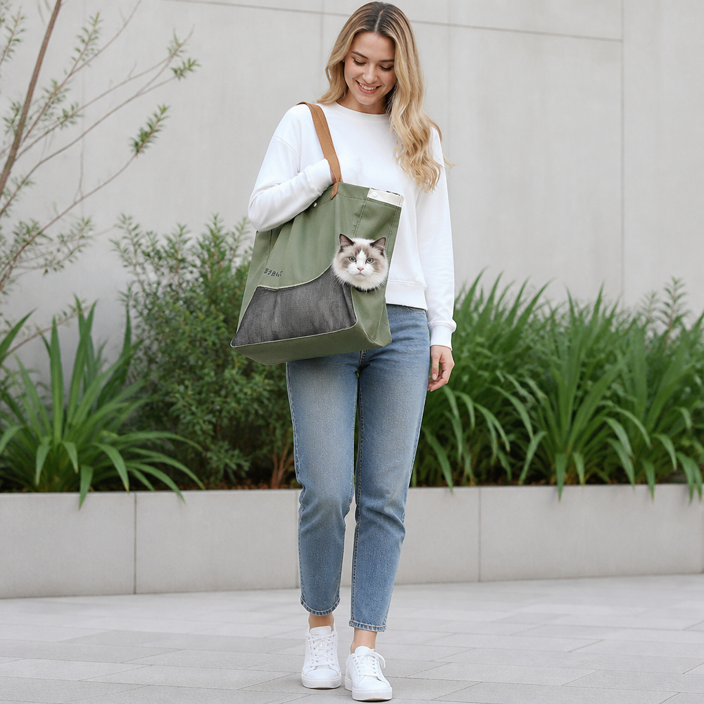 Breathable Canvas Cat Carrier Tote Bag with Mesh Window